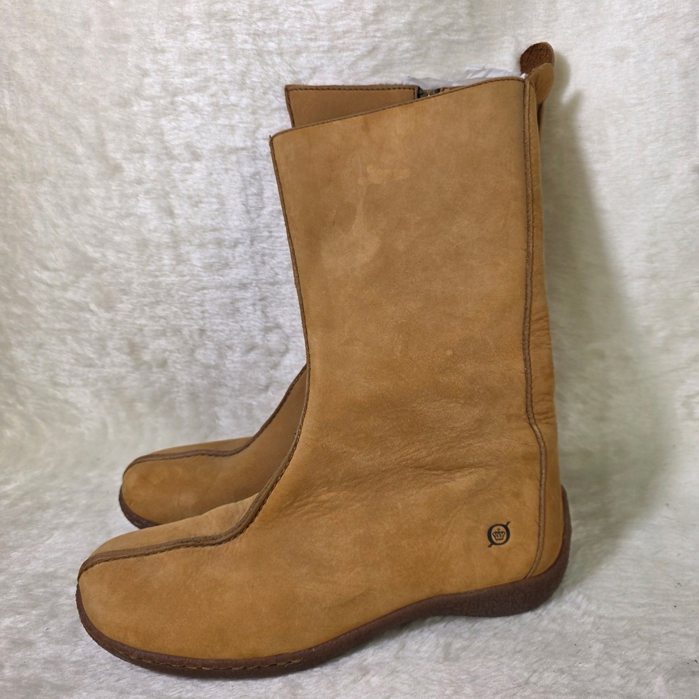Born Tisha Flat Boots Mid Calf Tan Leather Side Zip Flat Winter Women 8 NEW